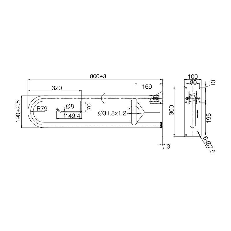 U-SHAPE 800mm Folding Grab Rail - Image 3